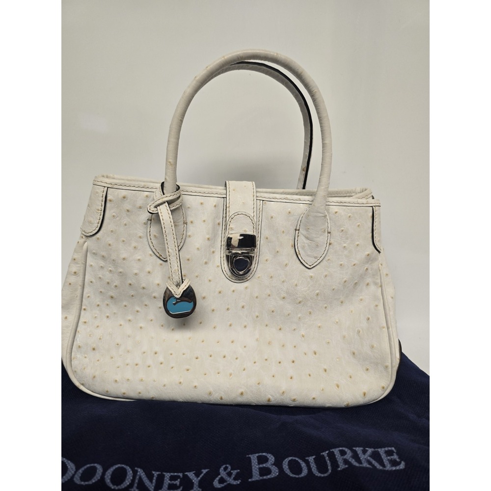 Dooney & Bourke Ostrich Embossed Leather Satchel Handbag White Silver Hardware